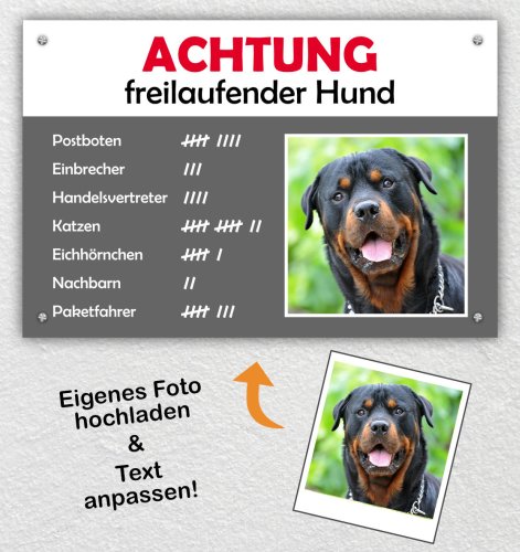 Achtung freilaufender Hund Strichliste mit Foto – Personalisiertes Hundeschild