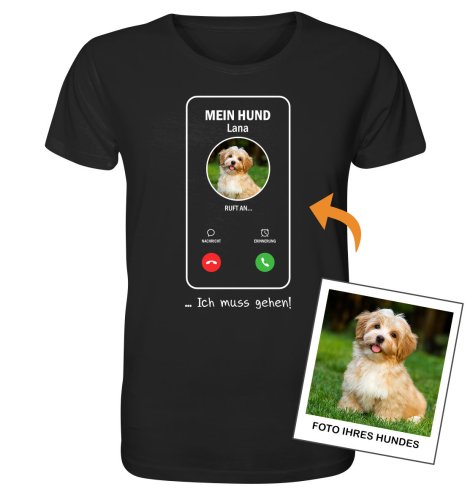 Mein Hund ruft an mit Foto – Personalisiertes Bio-T-Shirt für Herren