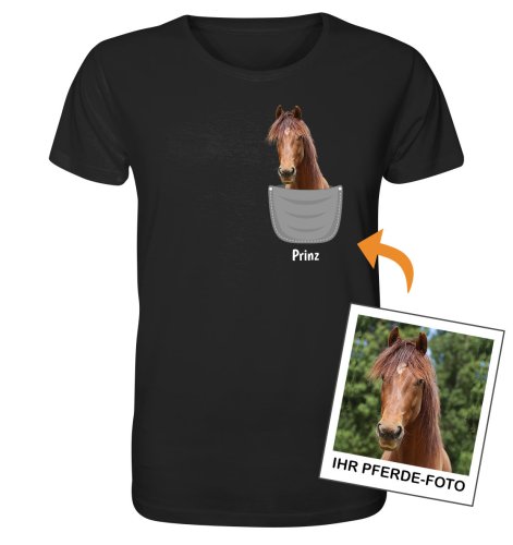 Eigenes Pferd in Brusttasche – Personalisiertes Bio-T-Shirt für Herren