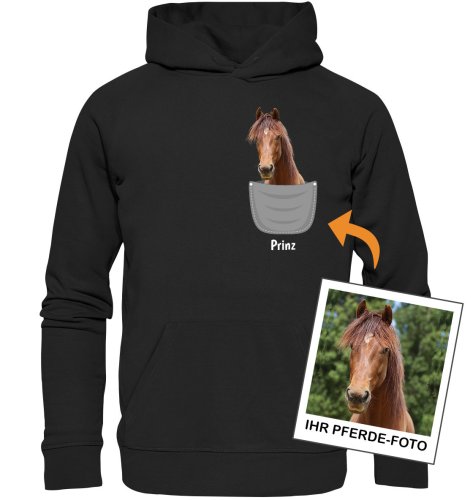 Eigenes Pferd in Brusttasche – Personalisiertes Bio-Hoodie für Damen und Herren