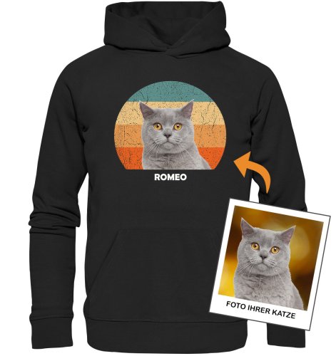 Retro Sunset mit Katzen-Foto - Personalisiertes Bio-Hoodie für Damen und Herren