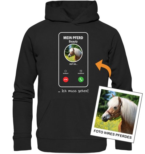 Mein Pferd ruft an mit Foto – Personalisiertes Bio-Hoodie für Damen und Herren
