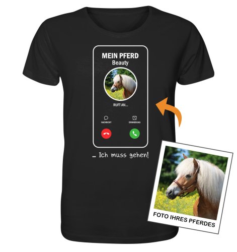 Mein Pferd ruft an mit Foto – Personalisiertes Bio-T-Shirt für Herren