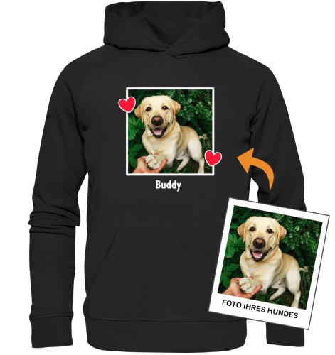 Hunde-Foto mit Herzen – Personalisiertes Bio-Hoodie für Damen und Herren