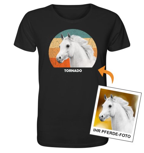Retro-Sunset mit Pferde-Foto – Personalisiertes Bio-T-Shirt für Herren
