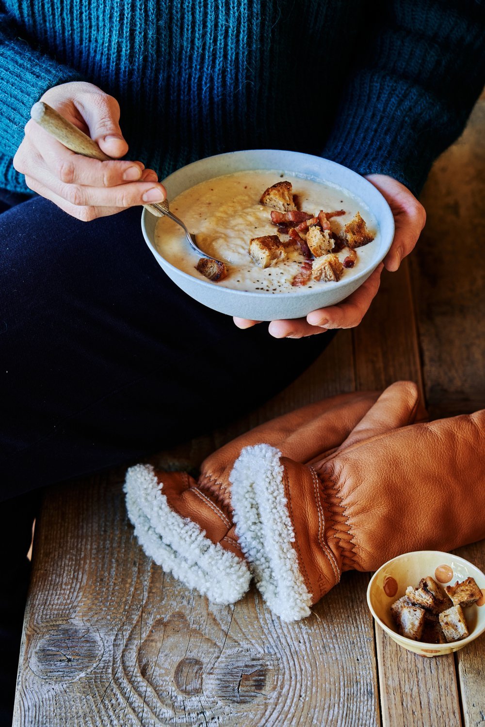 Crème de panais rôti, lard fumé et croûtons de campagne