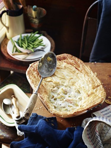 Tourte aux saumon, poireaux et haricots verts à l'anglaise