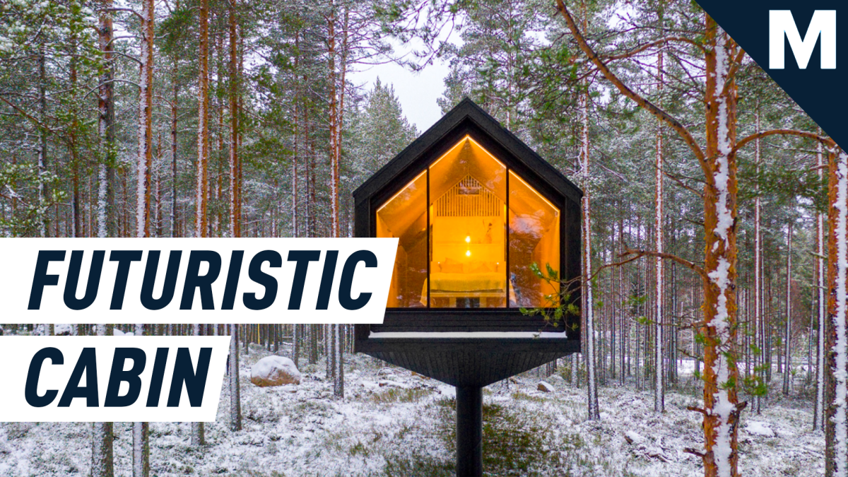 Futuristic cabin floats inside a Finnish forest