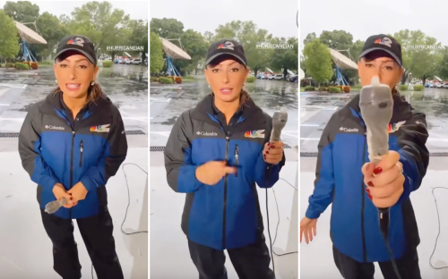 La giornalista copre il microfono con un preservativo per salvarlo dall'uragano