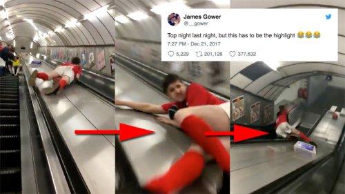 Man attempts to slide down tube escalator, instantly regrets life choices
