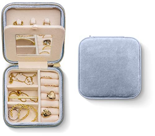 Plush Velvet Travel Jewelry Box Organizer | Travel Jewelry Case, Jewelry Travel Organizer | Small Jewelry Box for Women, Jewelry Travel Case | Earring Organizer with Mirror - Periwinkle Blue