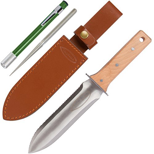 Hori Hori Garden Knife with Diamond Sharpening Rod, Thickest Leather Sheath and Extra Sharp Blade - in Gift Box. This Hori Hori Knife Makes a Great Gardening Gift.