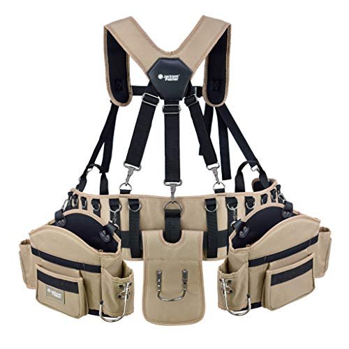 JACKSON PALMER Professional Comfort-Rig Tool Belt with Adjustable Suspenders (Detachable Pockets & 2 Power Tool Hooks) - Tan & Black