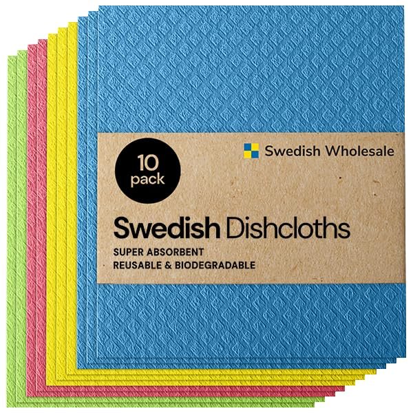 Swedish Dishcloth Cellulose Sponge Cloths – Bulk 10 Pack of Eco-Friendly No Odor Reusable Cleaning Cloths for Kitchen – Absorbent Dish Cloth Hand Towel (10 Dishcloths – Assorted)