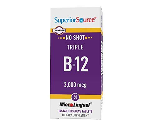 Superior Source No Shot Triple B12 3000 mcg, Quick Dissolve Sublingual Tablets, 60 Ct, Methylcobalamin, Adenosylcobalamin & Cyanocobalamin, Cognitive & Heart Health, Nervous System, Non-GMO