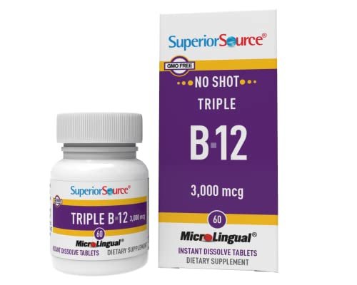 Superior Source No Shot Triple B12 3000 mcg, Quick Dissolve Sublingual Tablets, 60 Ct, Methylcobalamin, Adenosylcobalamin & Cyanocobalamin, Cognitive & Heart Health, Nervous System, Non-GMO