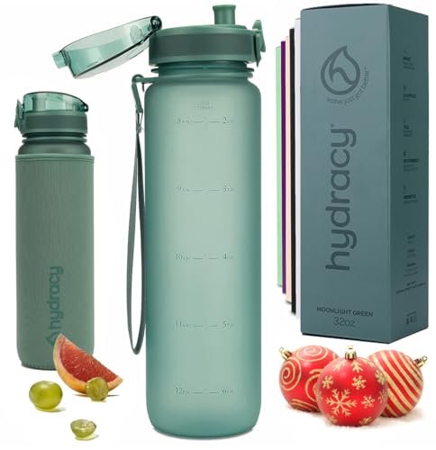 Hydracy Water Bottle with Time Marker -Large BPA Free Water Bottle & No Sweat Sleeve -Leak Proof Gym Bottle with Fruit Infuser Strainer & Times to Drink -Ideal for Fitness Sports & Outdoors