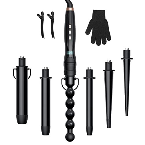 6 In1 Curling Wand Iron-Curly Curling Iron Set with Different Accessories, Hair Curlers Wand Tourmaline Ceramic Anti-Static Coating Corrugated Iron, LCD Display, Heat Resistant Glove and 2 Clips