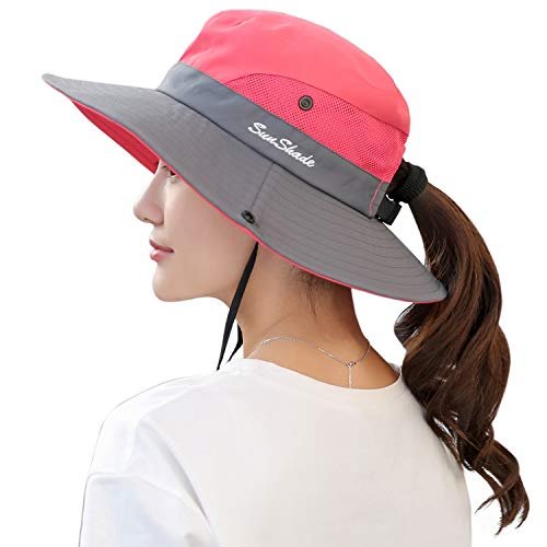 Muryobao Women's Ponytail Sun Hat UV Protection Foldable Mesh Wide Brim Beach Fishing Hat