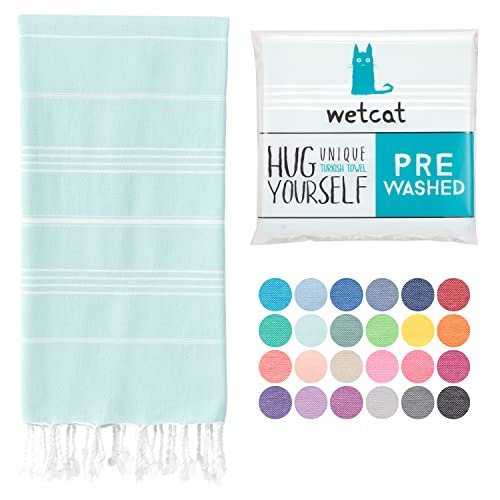 WETCAT Turkish Beach Towel (38 x 71) - Prewashed for Soft Feel, 100% Cotton - Quick Dry Beach Towels Oversized - Unique Turkish Towels for Travel with Lively Colors (Aqua)