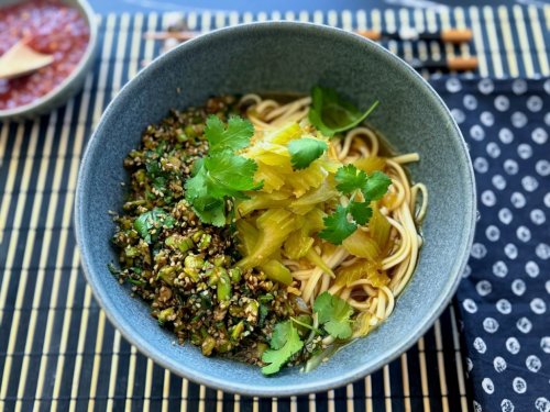 Recipe: Hot and sour udon with celery and sesame-edamame gremolata