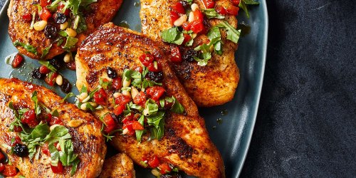 Chicken Cutlets with Roasted Red Pepper & Arugula Relish