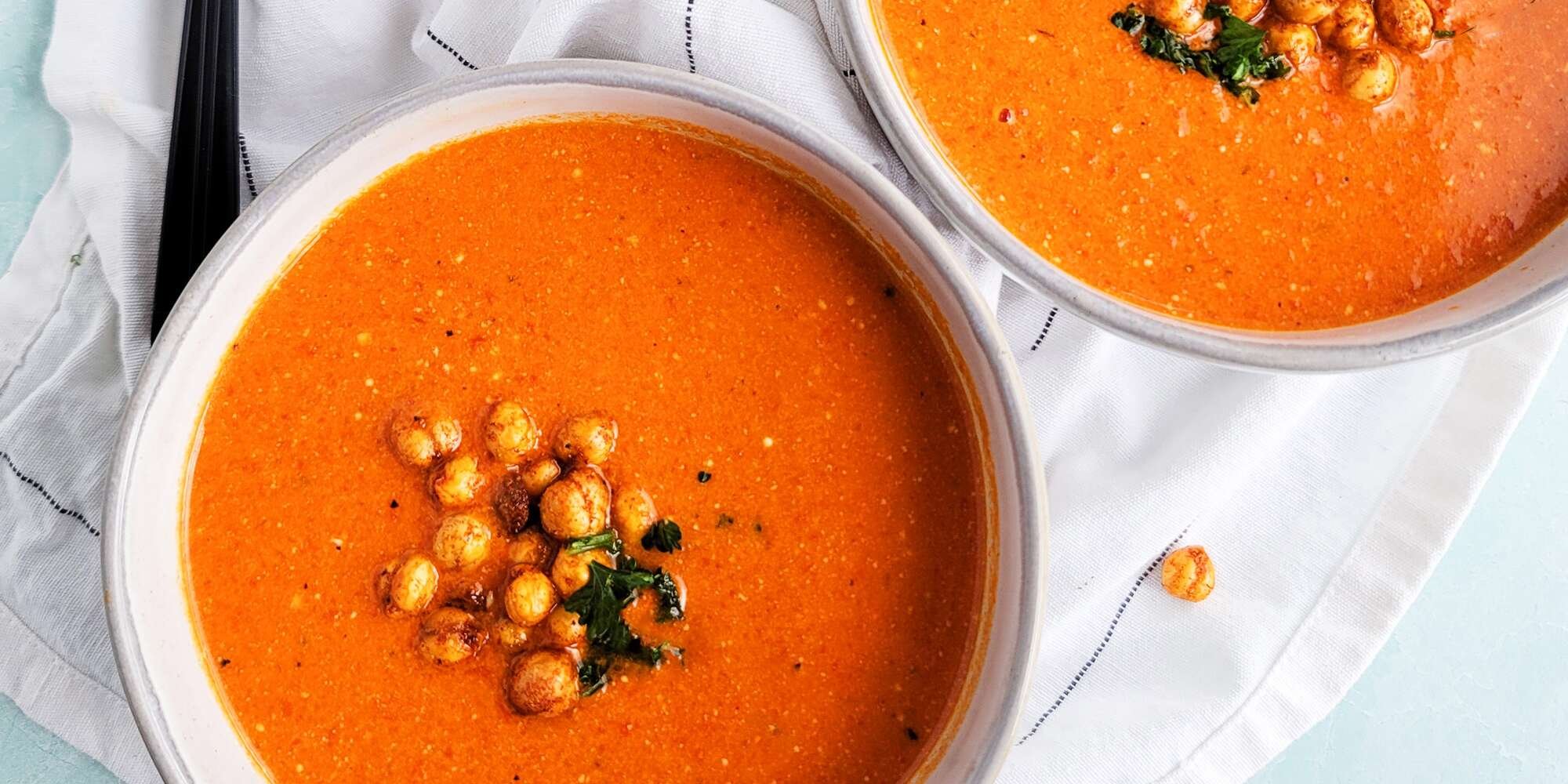 Roasted Red Pepper & Peanut Soup with Crispy Spiced Chickpeas