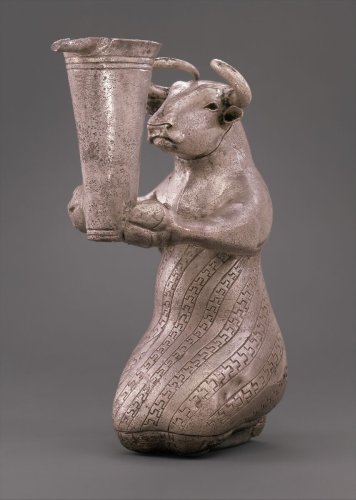 Kneeling bull holding a spouted vessel ca. 3100–2900 B.C.