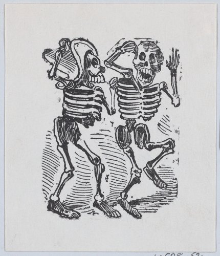 Two skeletons smiling and dancing ca. 1880–1910