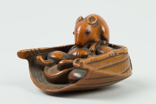 Netsuke of Mouse in a Basket of Mushrooms