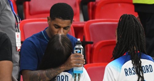 Marcus Rashford kisses fiancee Lucia Loi and Harry Kane joins wife Katie in stands as they celebrate England’s win against Wales