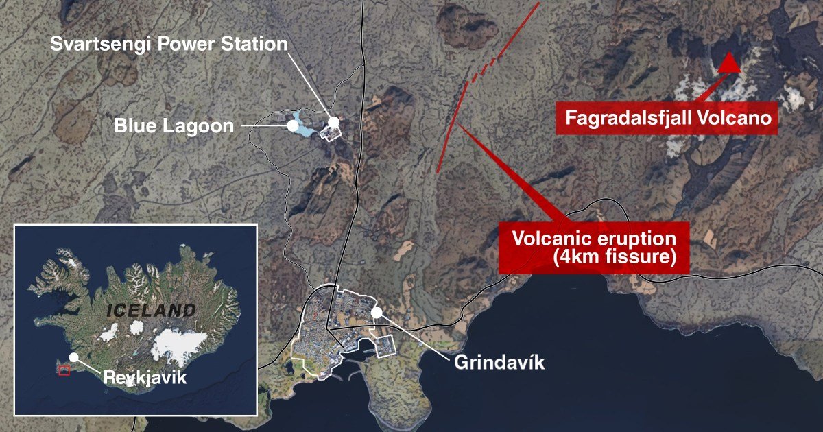 Map shows lava path from Iceland volcano eruption after thousands evacuated