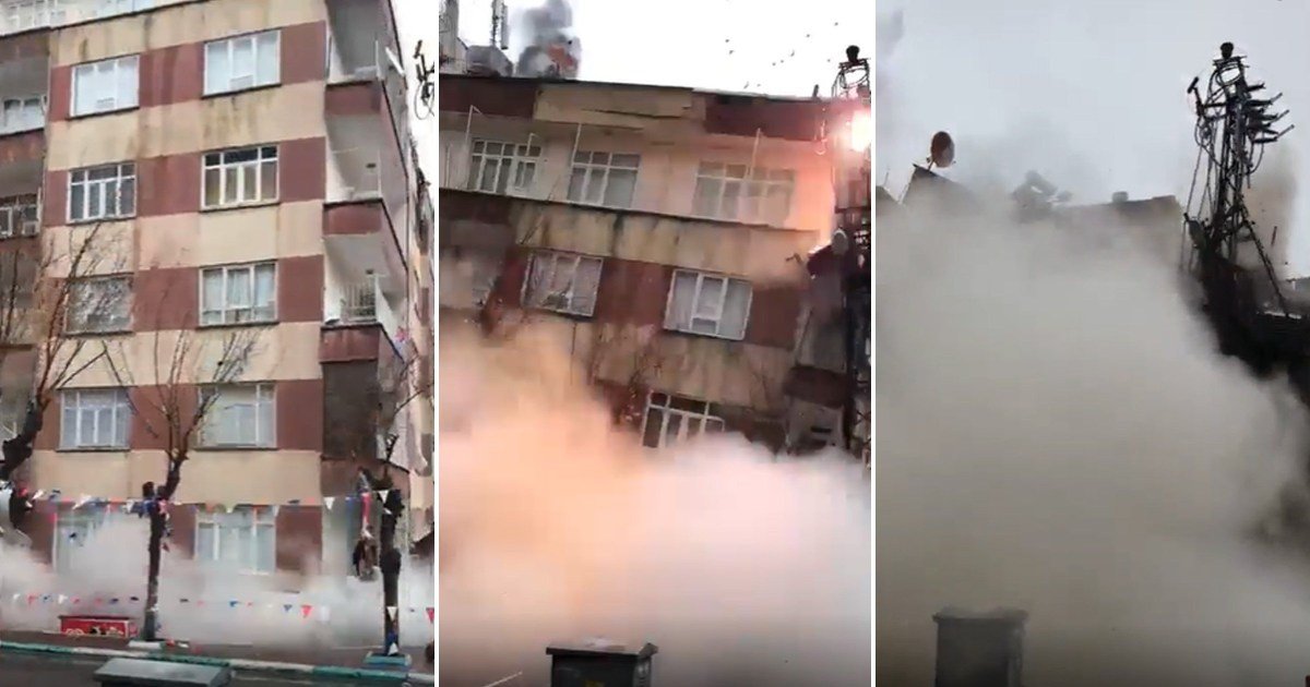 Block of flats completely flattened after earthquake causes building to collapse