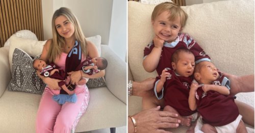 Dani Dyer dresses twin baby girls in tiny West Ham football kits as they wish daddy Jarrod Bowen good luck