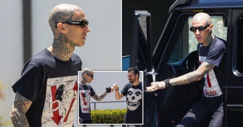 Spritely Travis Barker back on his feet as he heads to recording studio after spending week in hospital with ‘life-threatening’ pancreatitis
