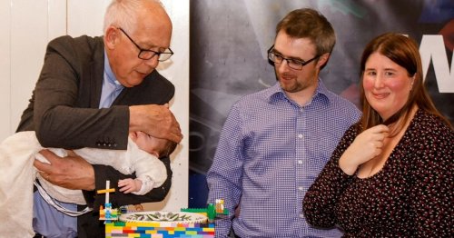 Couple are the first to baptise their son in a font made of Lego