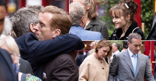 Damian Lewis hugs friends at wife Helen McCrory’s memorial service a year after legendary actress’s death