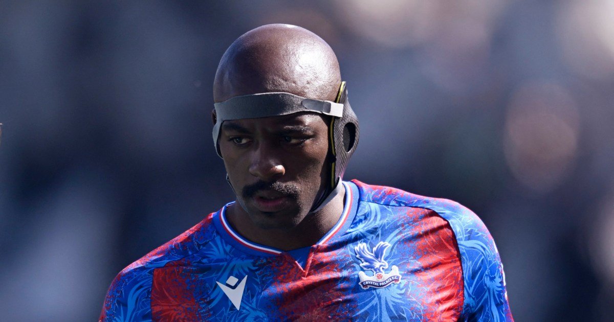 Jean-Philippe Mateta wears protective helmet after ear injury in Crystal Palace FA Cup tie