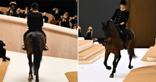 Royal rides her horse down the runway of Chanel show at Paris Fashion Week