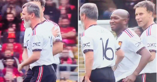 Roy Keane pushes away former Manchester United teammate after being offered captain’s armband in charity match