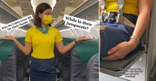 Flight attendant reveals fascinating reason cabin crew sit on hands during take-off and landing