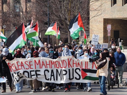 Protestors at University of Michigan call for the release of Palestinian activist Mahmoud Khalil