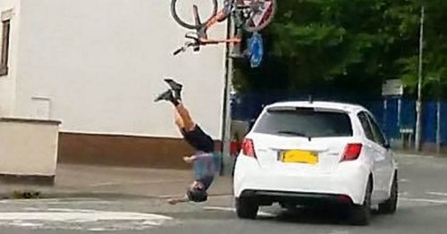 Incredible moment cyclist sent flying over car windscreen only breaks his toe