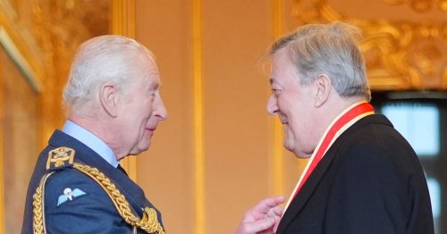 Stephen Fry honoured by King Charles with knighthood at Windsor Castle