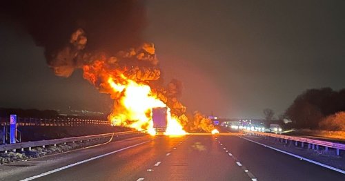 Huge inferno closes M62 as lorry bursts into flames on motorway causing rush hour chaos