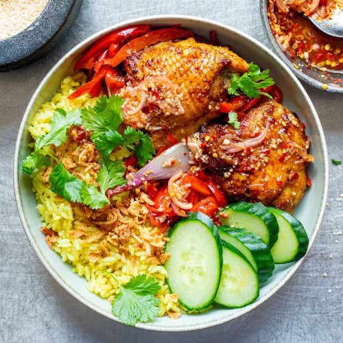 Thai Grilled Chicken Thighs With Roasted Rice Dipping Sauce
