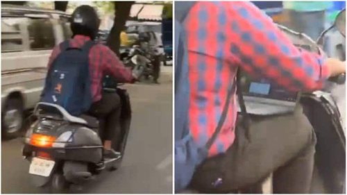 Bengaluru man attends work call while riding scooty. 'Things people do with company laptop'