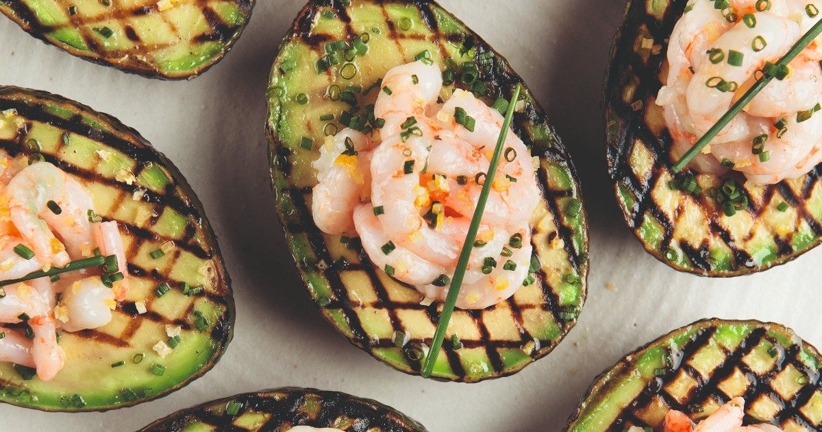 Small Shrimp in Barbecued Avocado with Yuzu Mayo