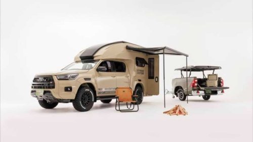 Toyota Hilux Camper hat Pop-Up-Dach, Dusche und passenden Hänger