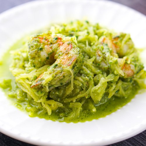 Easy Keto Spinach Walnut Pesto with Spaghetti Squash and Shrimp Pasta